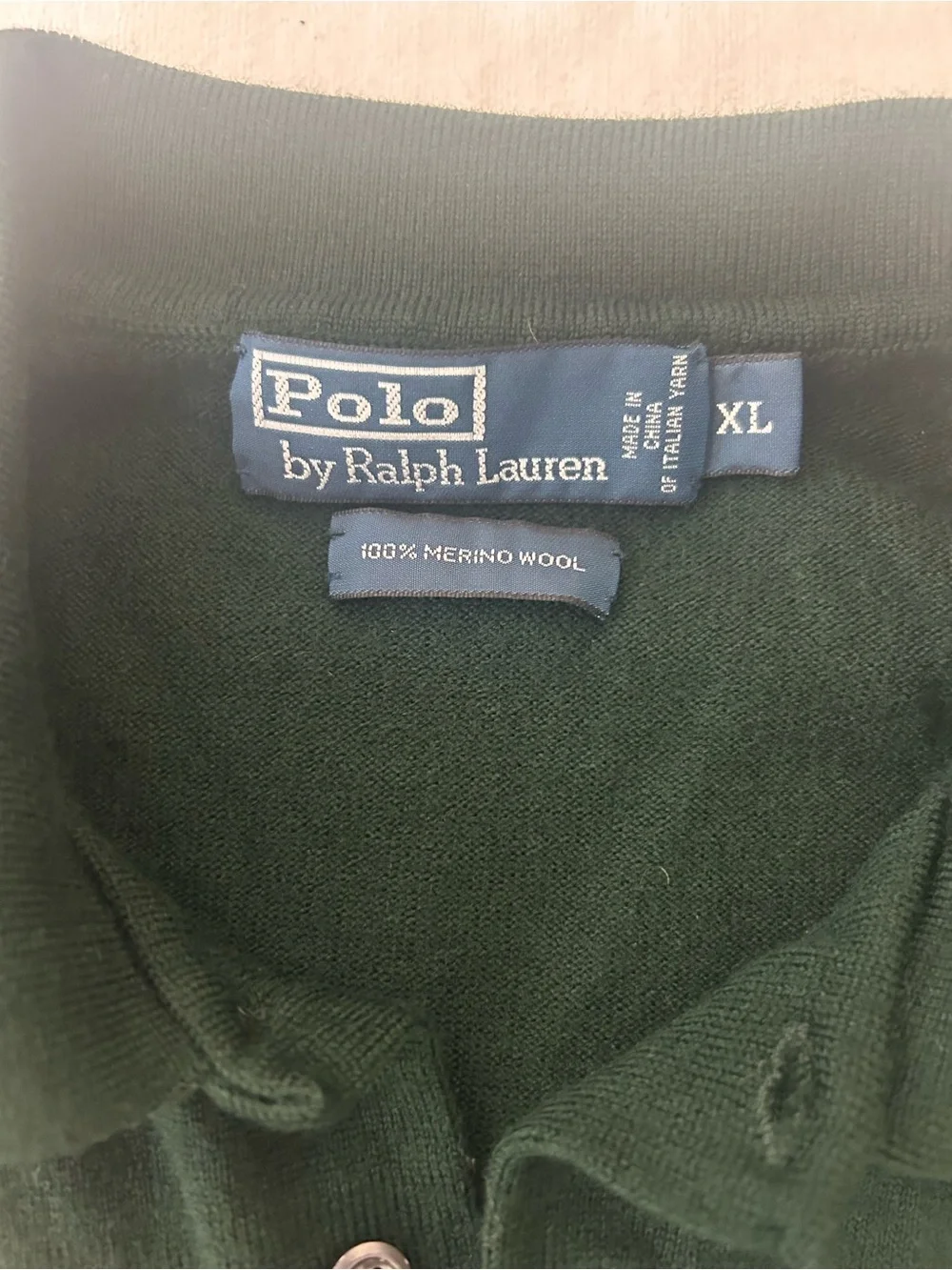 Polo Ralph Lauren Mens XL Dark Green 100% Merino Wool Long Sleeve Polo Sweater